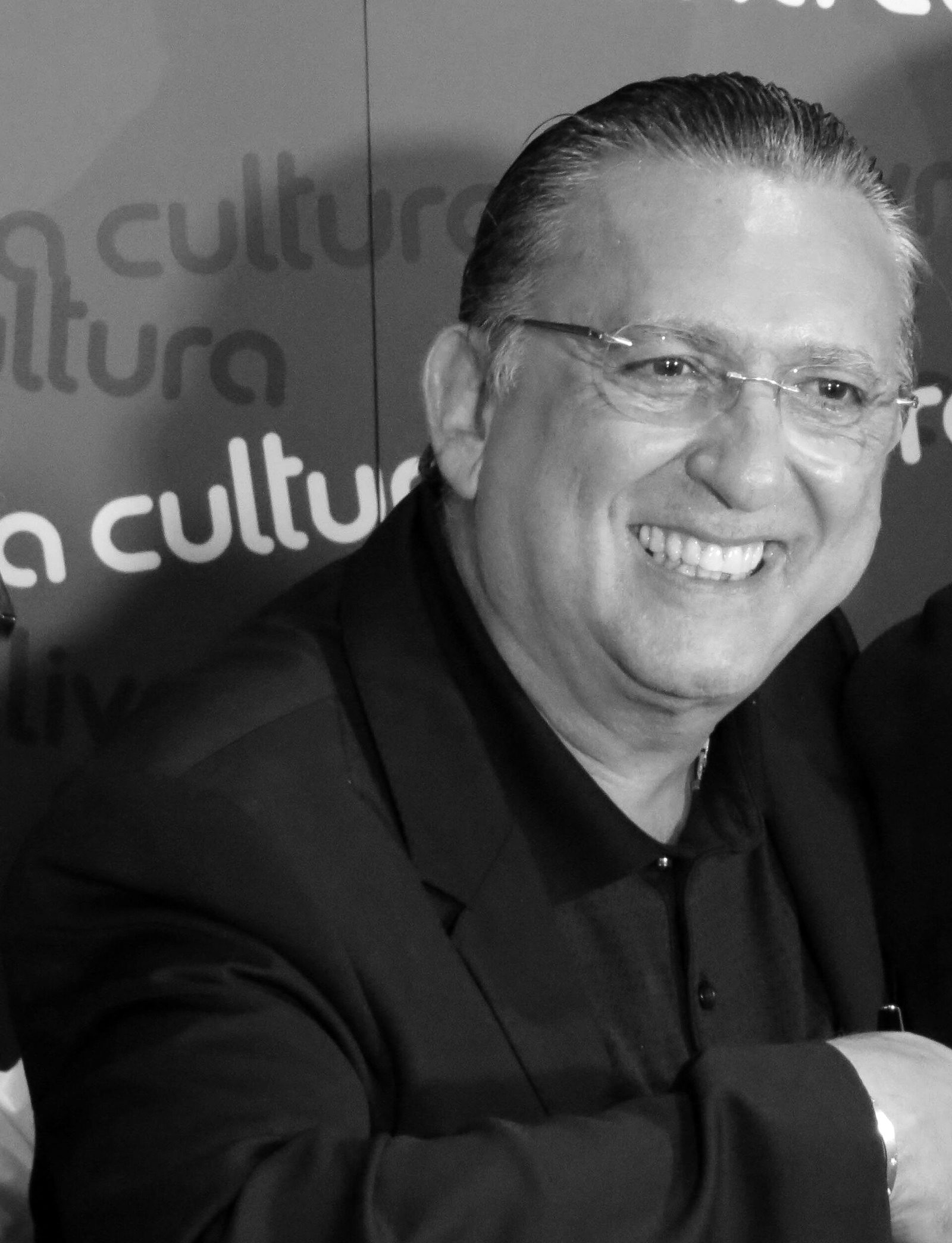 A smiling man with slicked-back greying hair and rimless glasses, in a dark jacket, stands in front of a printed backdrop.