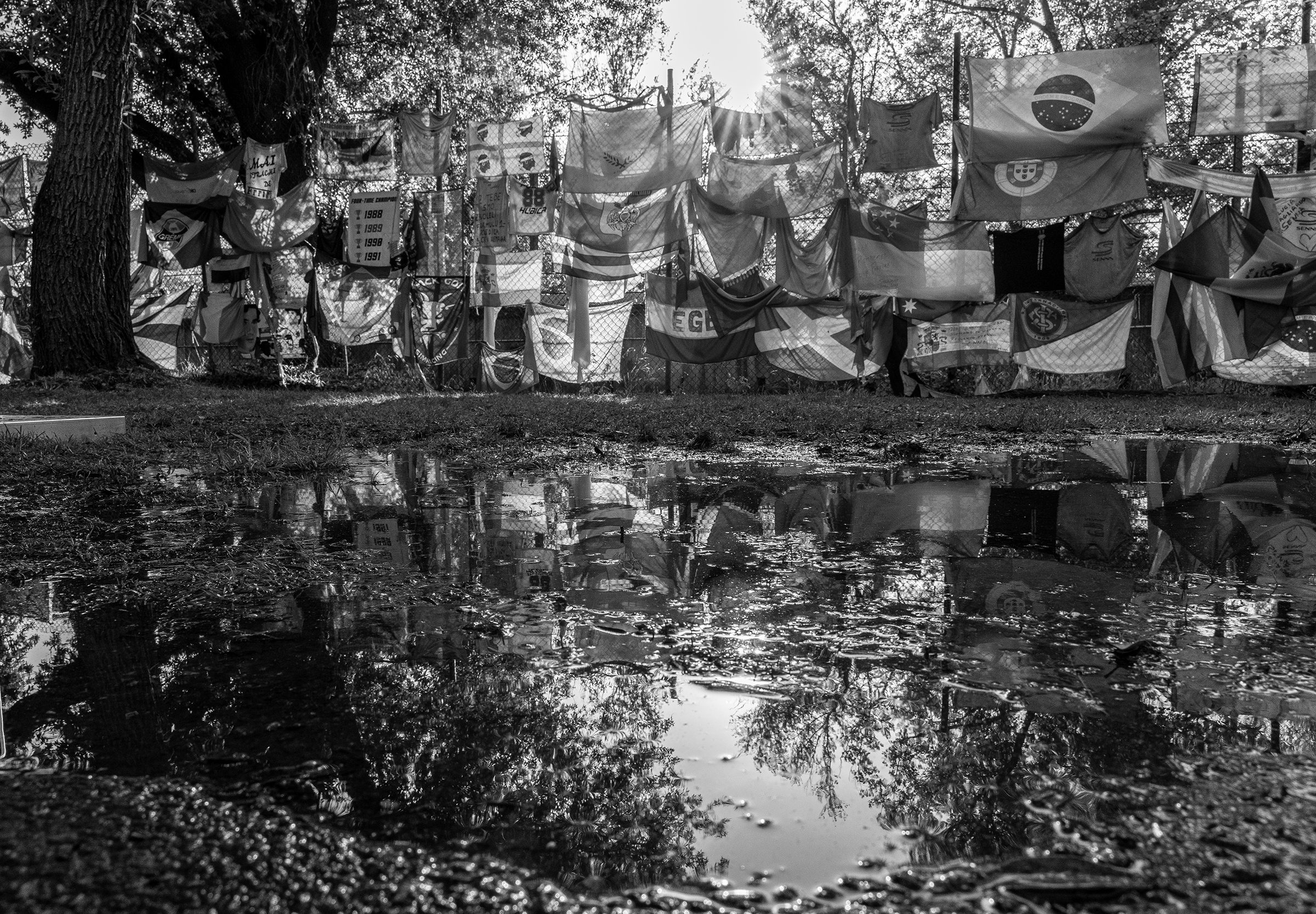 A long fence hung with flags of many nations under tall trees is mirrored in a broad rain puddle on the path in front of it.