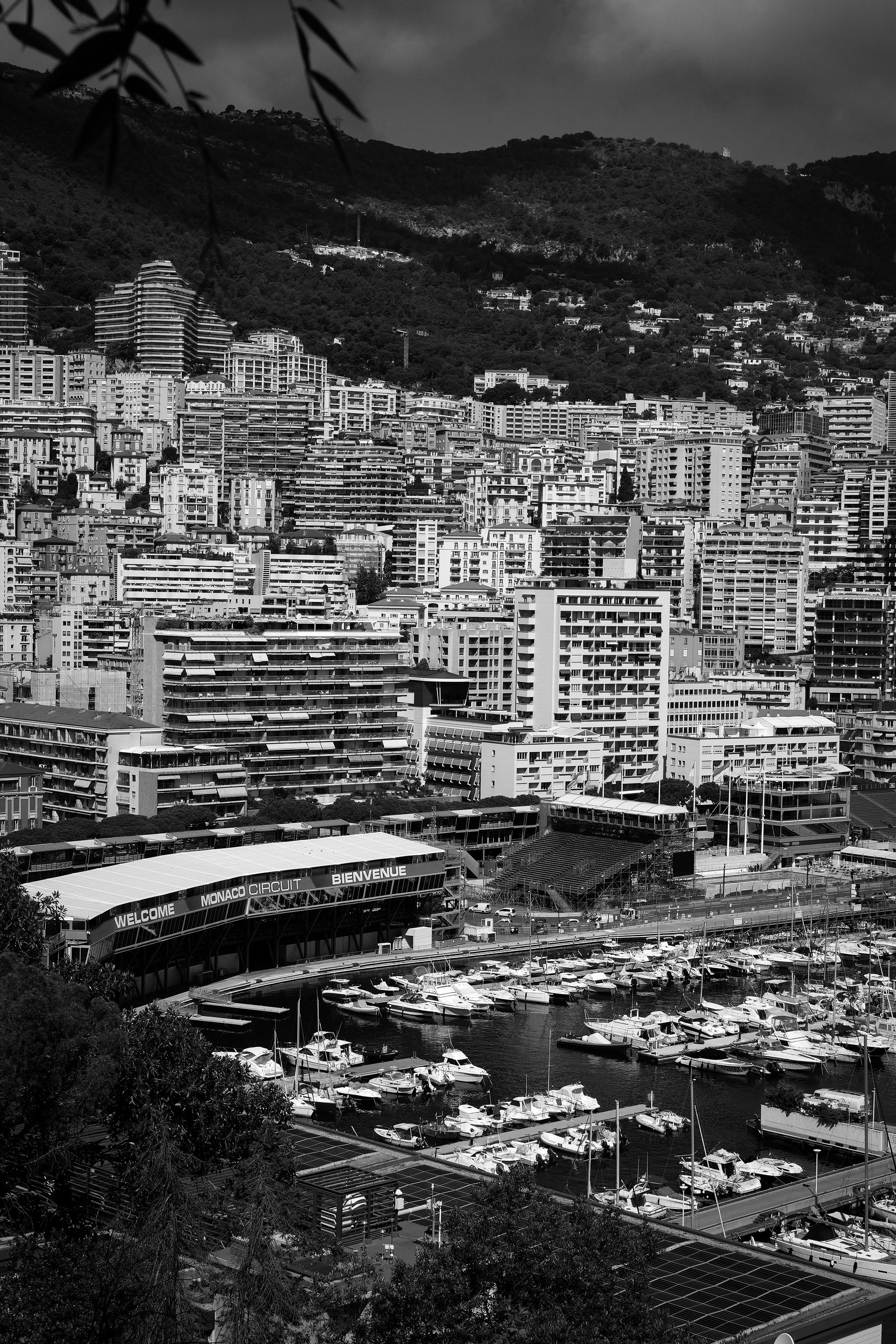 A tall view down a steep hillside of stacked apartment blocks to a harbour packed with moored boats and race grandstands along the quay.