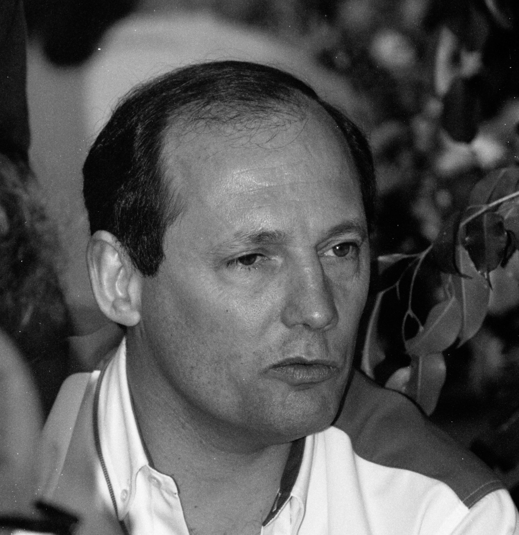 A balding man in an open-necked shirt looks down, lips pressed together, leaves blurred beside him.