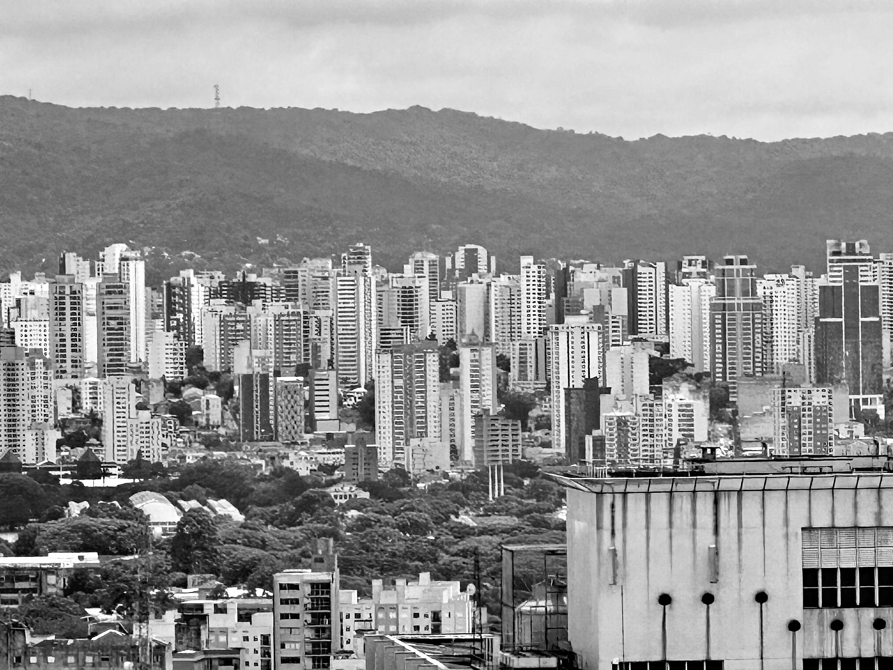 Layers of white tower blocks spread across the hills of a city’s northern districts, with the forested ridge of a mountain range behind under a pale sky.